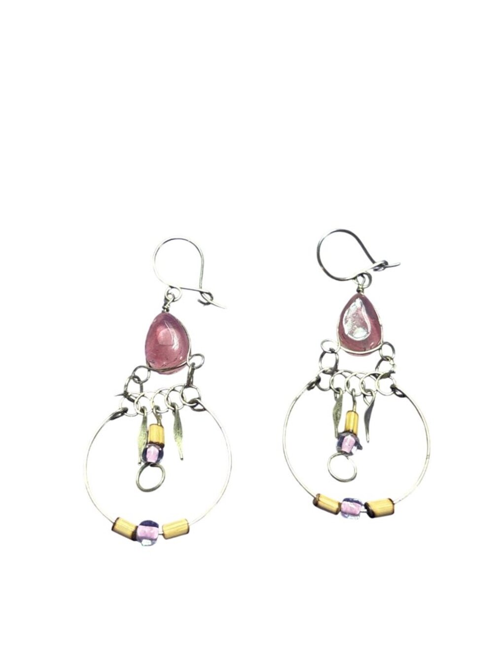 Silvertone Hoop Dangle Earrings Pink Glass 1.75 inches